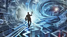 An artist's depiction of a person navigating a labyrinth representing the cloud technology compliance landscape